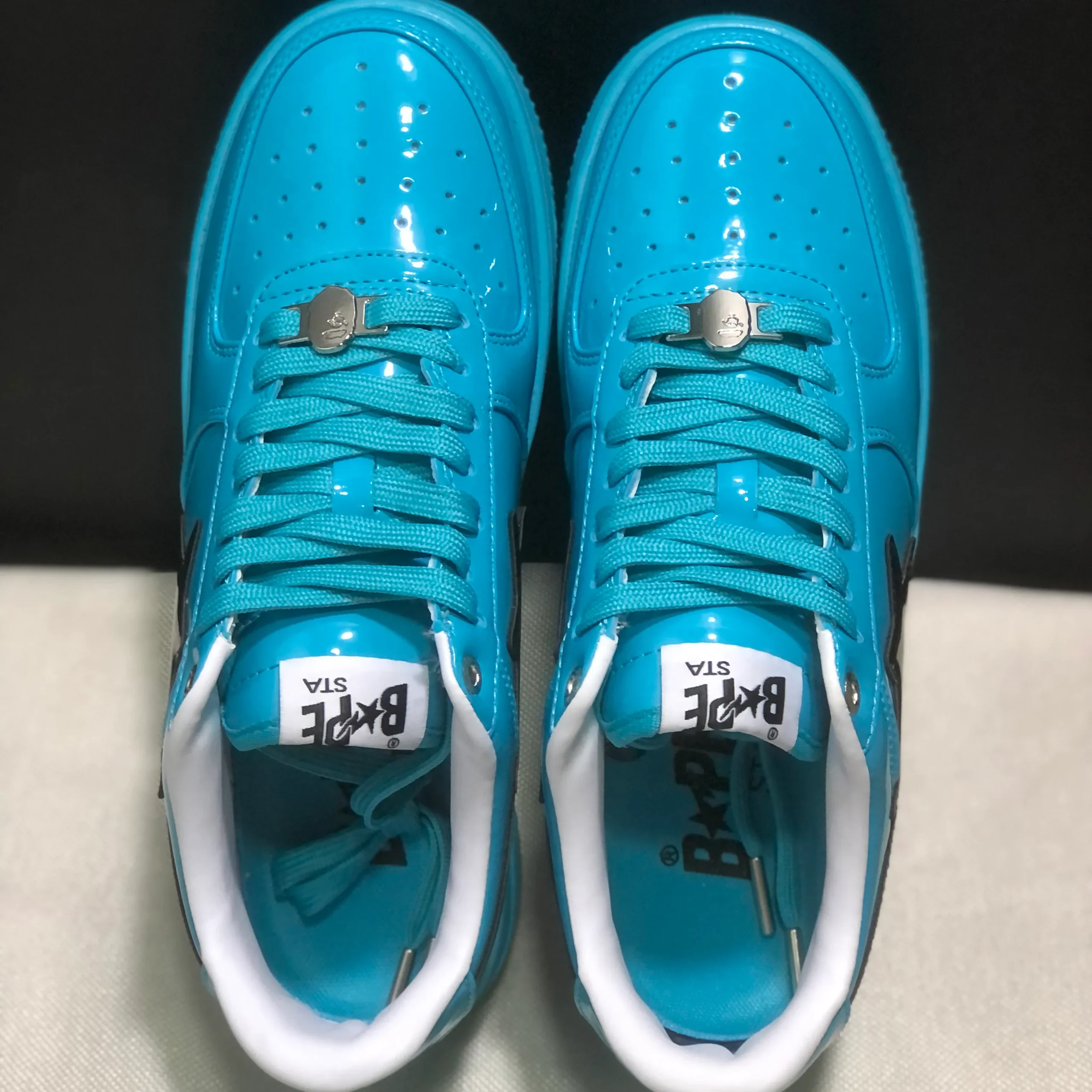 A Bathing Ape Bape Sta #1 Turquoise Blue Black Patent Leather Shoes Sneakers - nk0005515 - Image 8